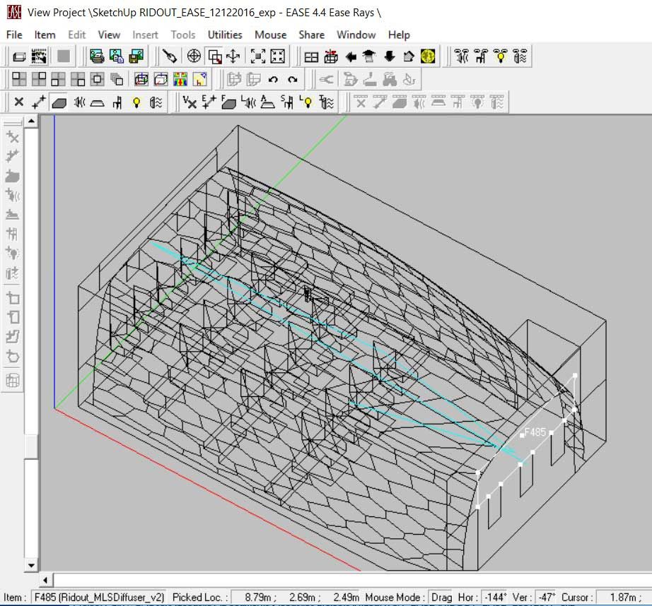 EASE simulation of diffusors reducing flutter echo.