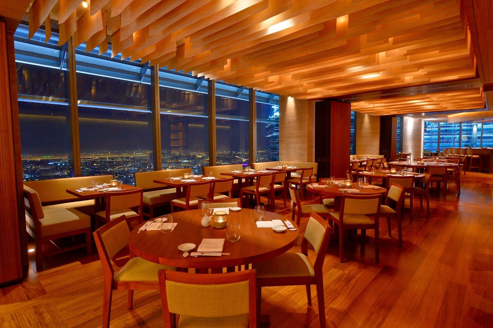 Nobu Restaurant dining area with acoustic timber ceiling.